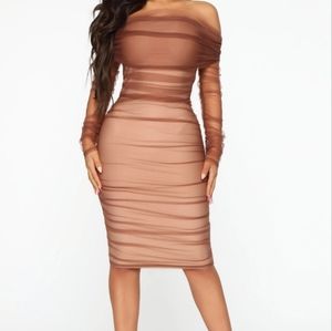 Fashion Nova Taupe Ruched Bandage Midi Dress